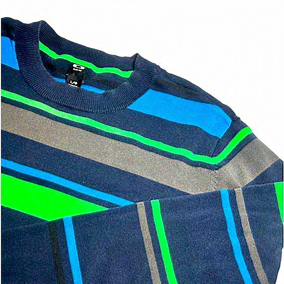 Oakley Slim Fit Mens‎ Sweater Large Black Blue Grey & Green Striped Knit Cotton - Picture 1 of 5